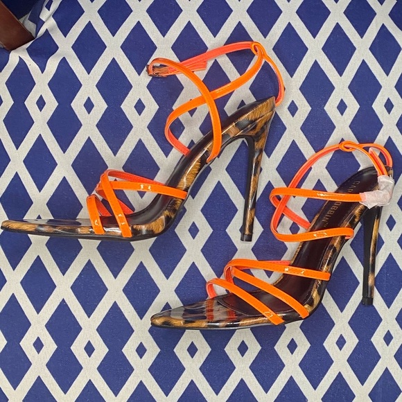 Neon orange brown black leopard cheetah strappy pointy toe high heel sandals - Picture 4 of 5